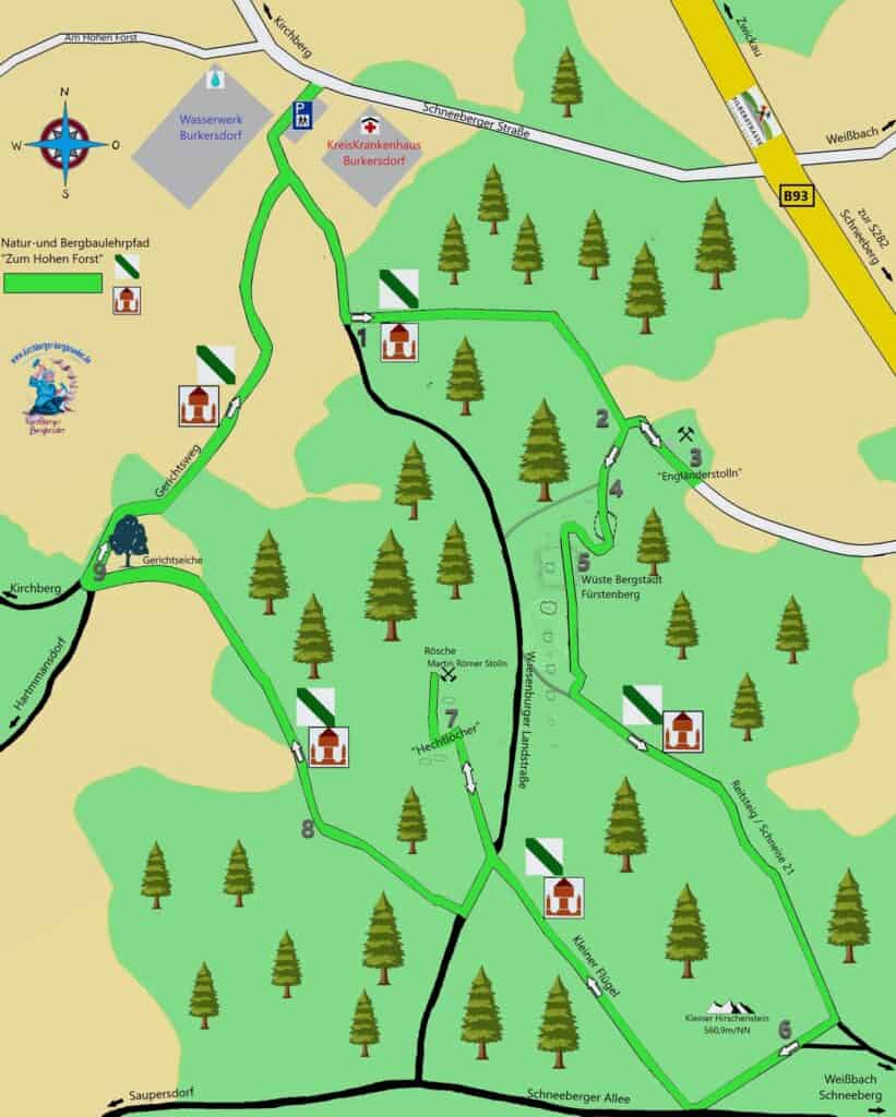 Auf dem Bild ist eine Karte zum Natur- und Bergbaulehrpfad "Zum Hohen Forst" zu sehen