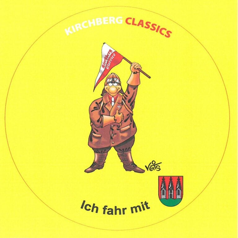 Auf dem Bild ist ein gelber Aufkleber mit dem Schriftzug „Kirchberg Classics – Ich fahr mit“, dem Schraubermichl und dem Kirchberg-Wappen zu sehen
