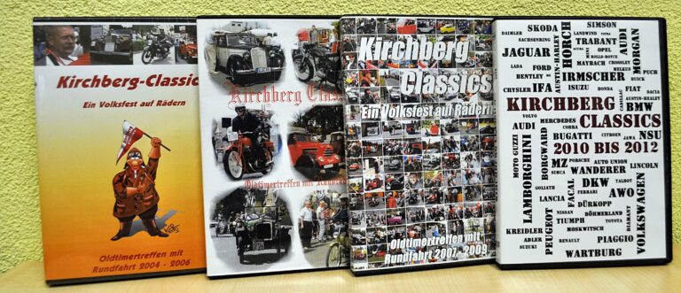 Auf dem Bild sind mehrere DVDs der „Kirchberg Classics“ aus verschiedenen Jahren zu sehen