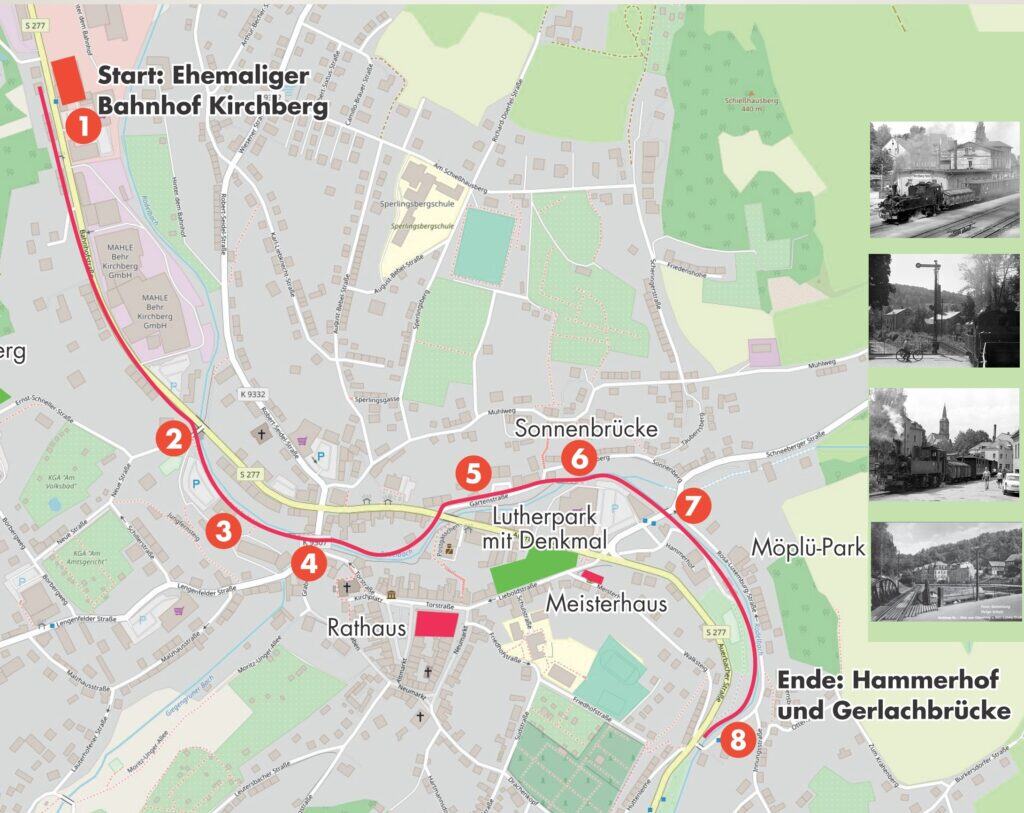 Auf dem Bild ist ein Kartenausschnitt aus Kirchberg zu sehen, in dem ein Rundweg vom ehemaligen Bahnhof Kirchberg bis zum Hammerhof und Gerlachbrücke gekennzeichnet ist