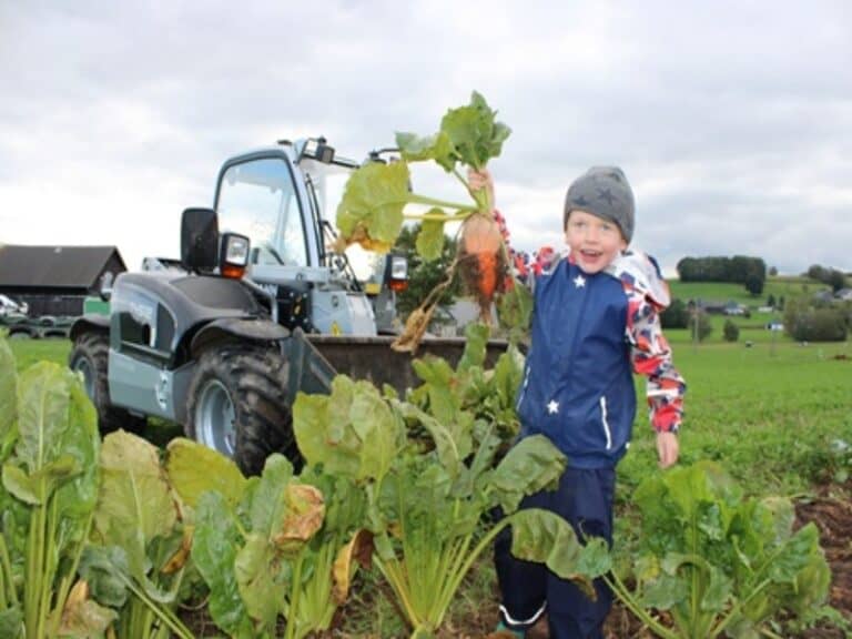 Auf dem Bild ist ein Junge mit einer Rübe in der Hand zu sehen, der vor einem kleinen Radlader steht