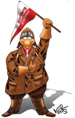 Illustration des Schrauber Michls, der eine weiß-rote Fahne in der Hand hält