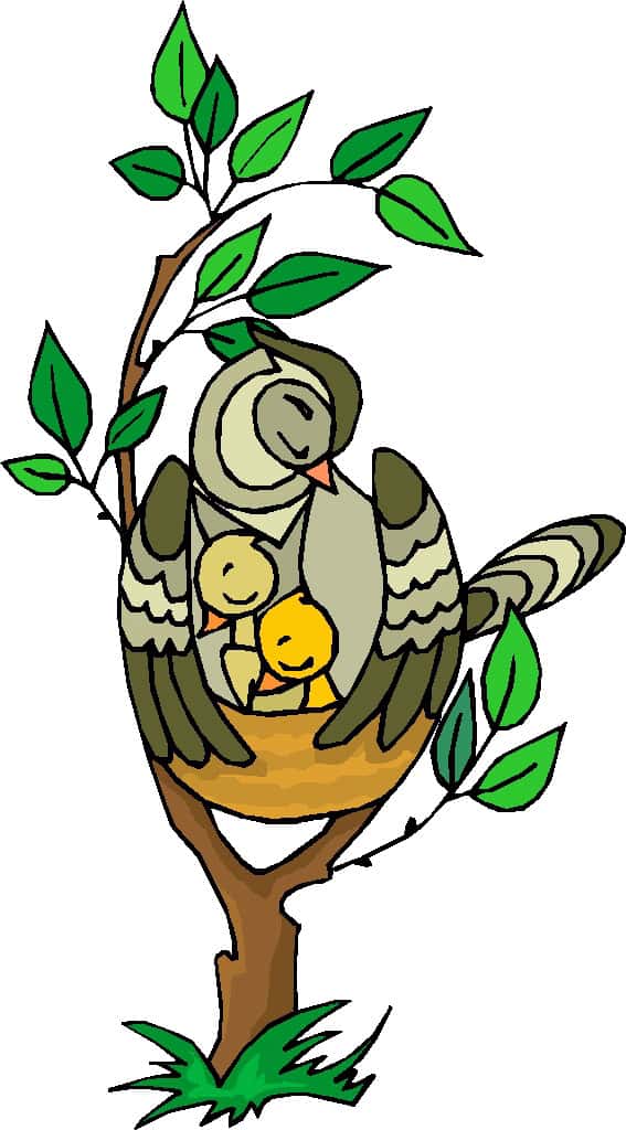 Illustration von einem Spatz und zwei Spatzen-Babys die in einem Nest auf einem kleinen Baum sitzen