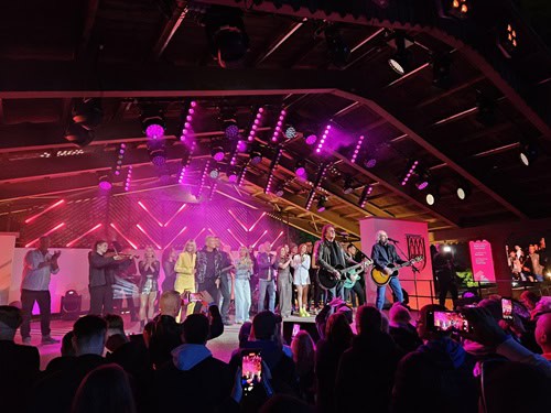 Auf dem Bild sind viele Personen auf einer Bühne zu sehen, die Musik spielen und singen. Die Bühne ist mit pinkem Licht beleuchtet und davor sind Zuschauer zu erkennen